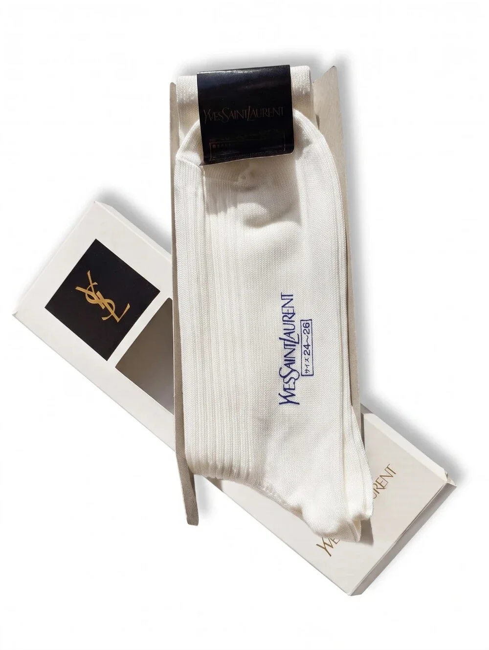 Yves Saint Laurent White Ribbed Crew Socks with Blue YSL Monogram